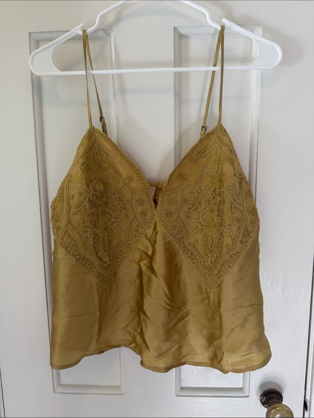 NWT LyreBird Anthropologie Embroidered Satin Cami in Mustard